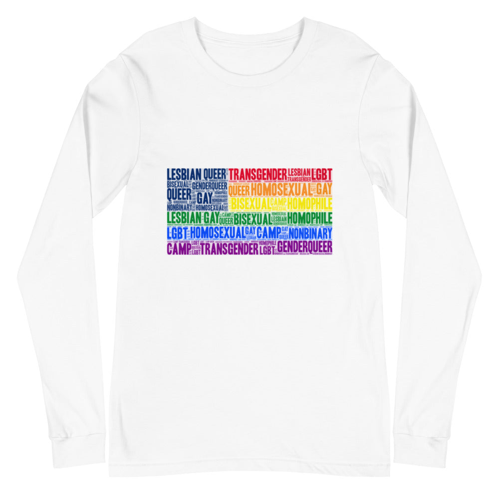 Front view of a white long-sleeve shirt with colorful LGBTQ+ word collage