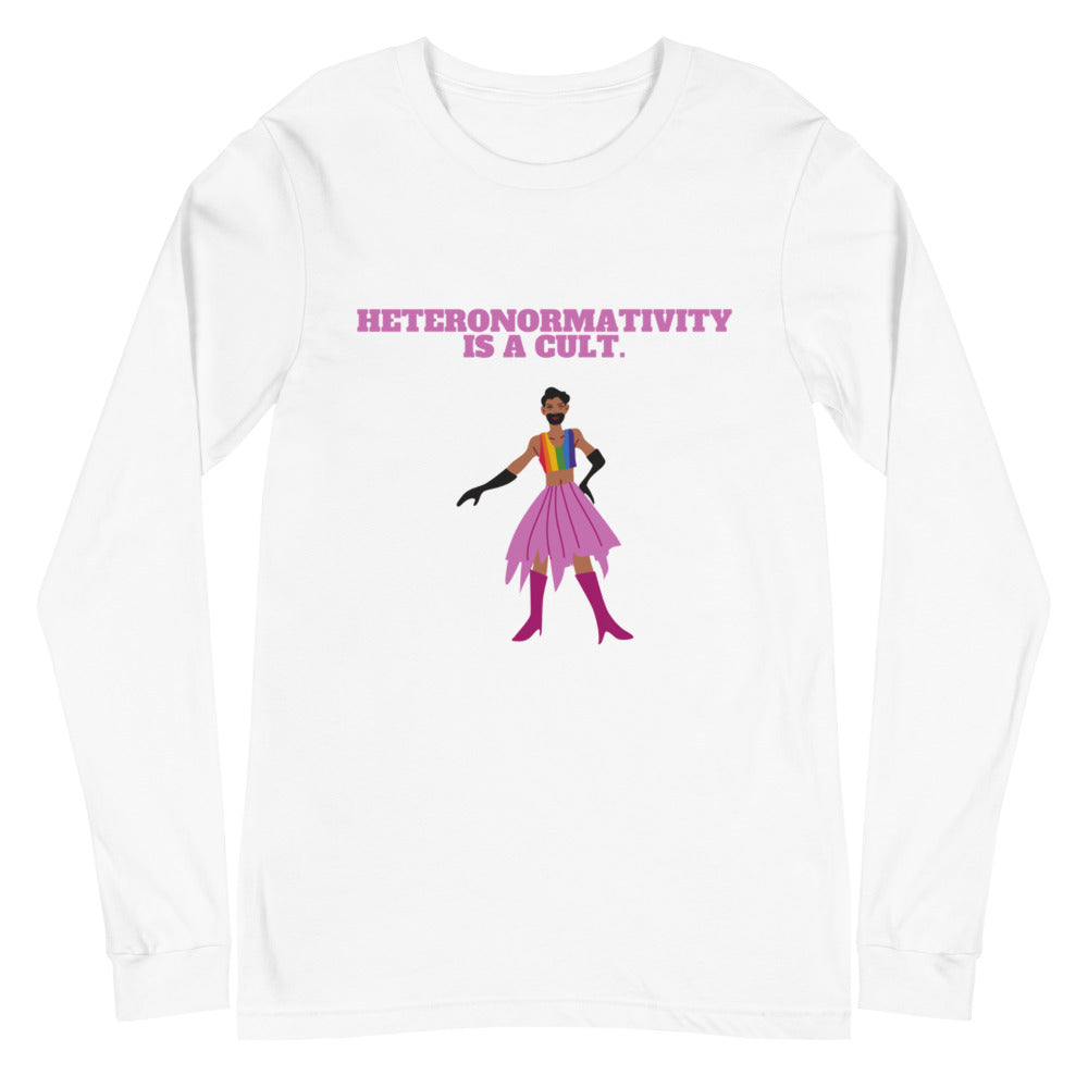 Front view of a white long-sleeve shirt reading “HETERONORMATIVITY IS A CULT.” above a colorful figure