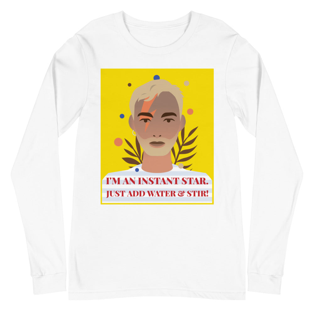 White long-sleeve shirt with a colorful portrait and “I'M AN INSTANT STAR” graphic