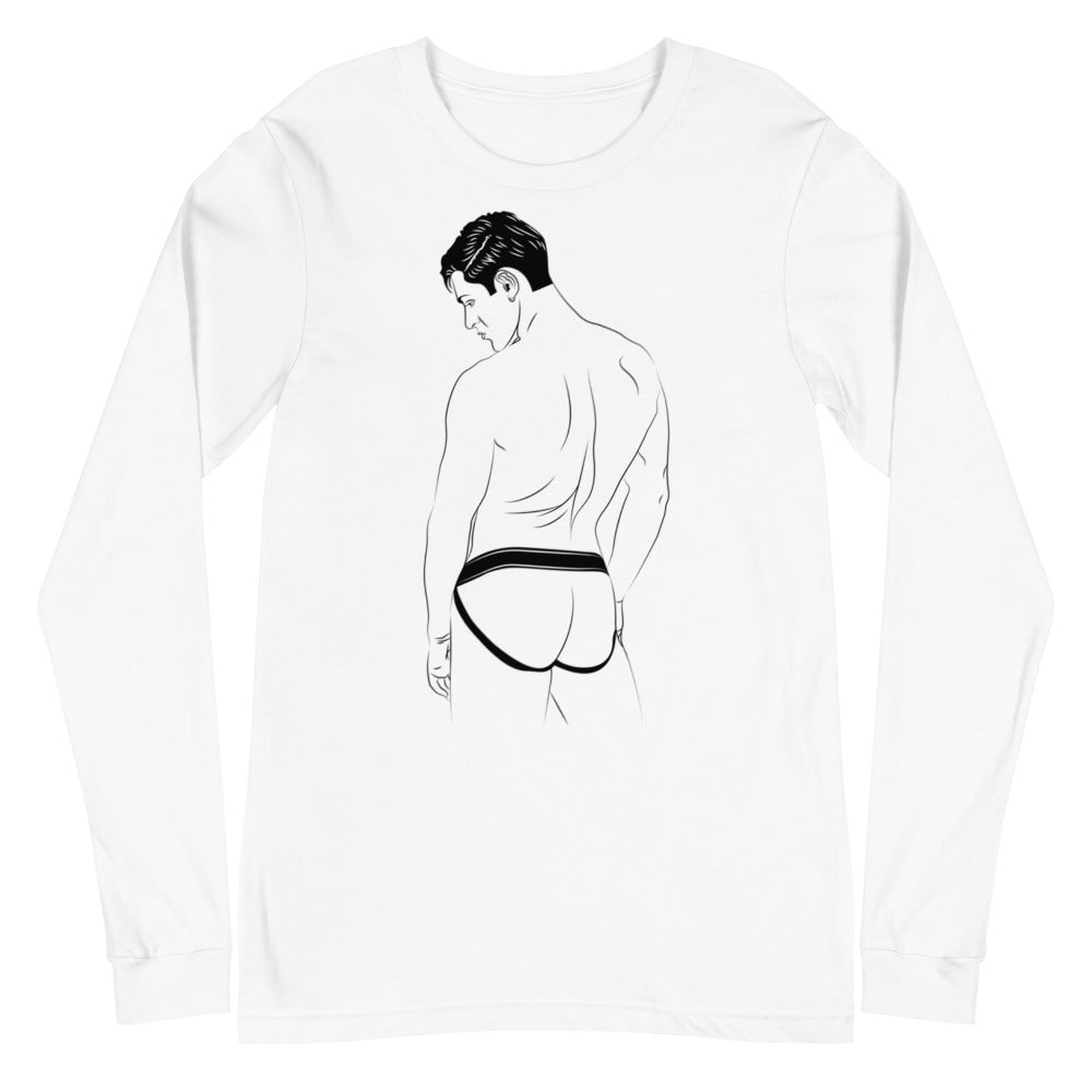 White long-sleeve shirt with a black line drawing of a man wearing a jockstrap