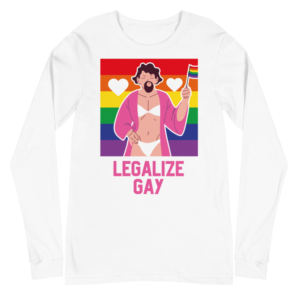 White long-sleeve shirt with a rainbow graphic, underwear-clad figure, and “LEGALIZE GAY” text