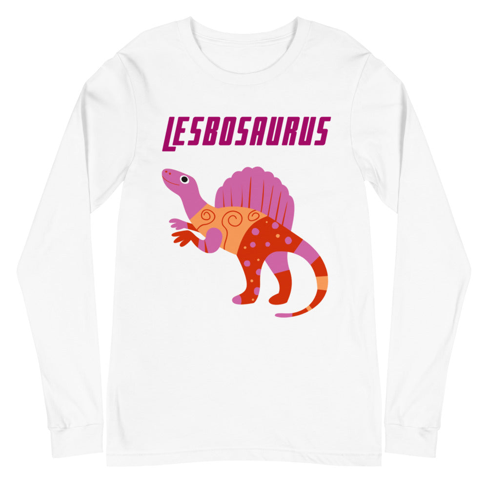 White long-sleeve shirt with “LESBOSAURUS” text and a colorful stegosaurus graphic