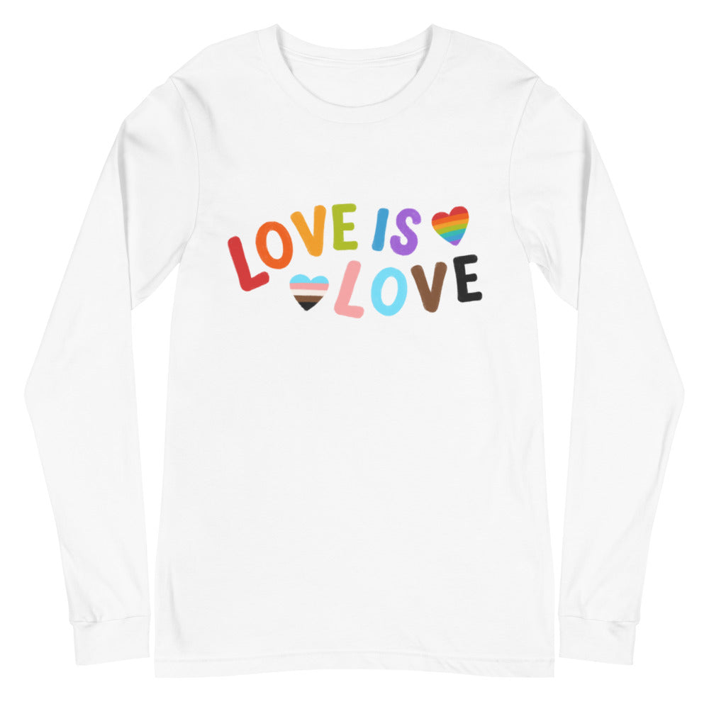 White long-sleeve shirt with colorful “LOVE IS LOVE” lettering and two heart flags
