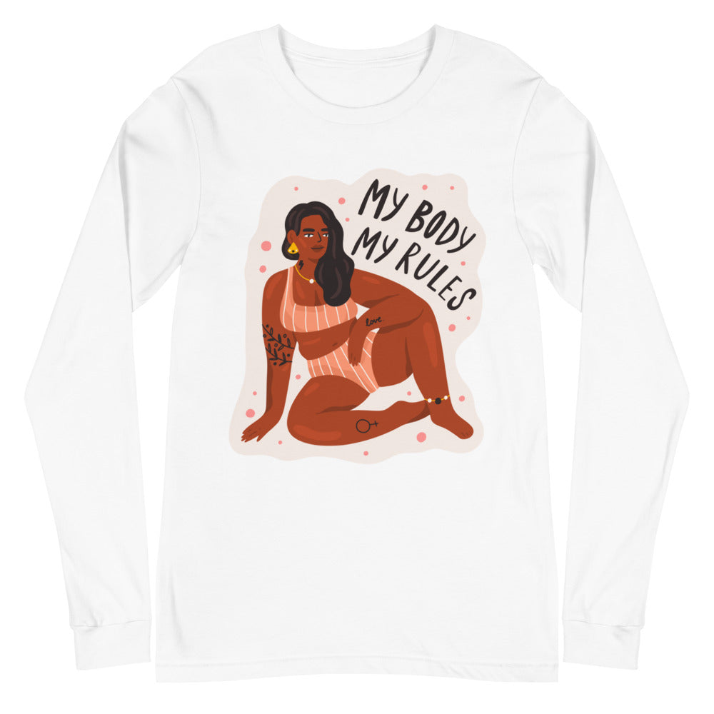 White long-sleeve shirt with a seated illustrated woman and “My Body My Rules” text