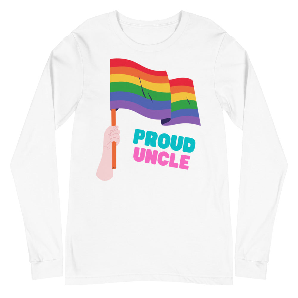 White long-sleeve shirt with rainbow flags and colorful “PROUD UNCLE” text