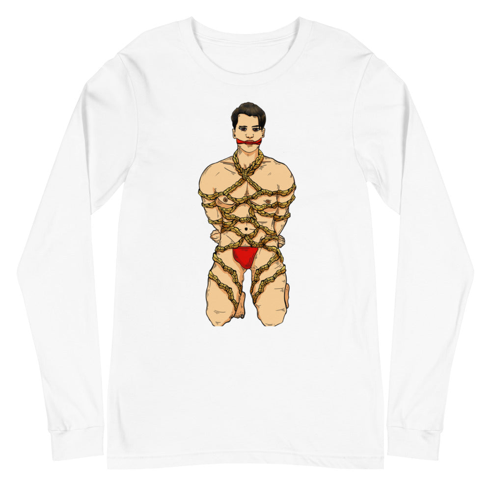 Front view of a white long-sleeve shirt with a bound, nearly nude figure in red underwear