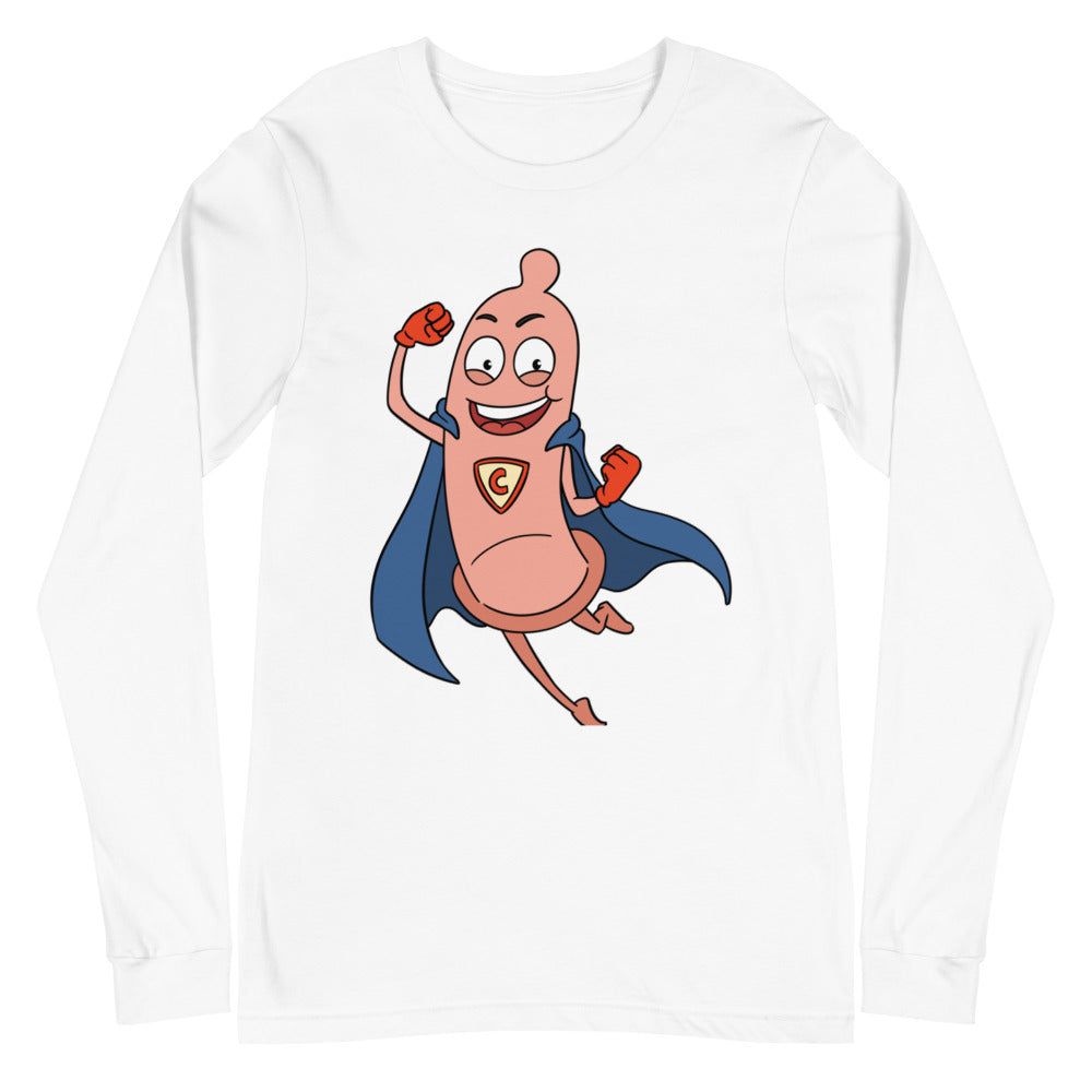 White long-sleeve shirt with a smiling superhero condom graphic on the front