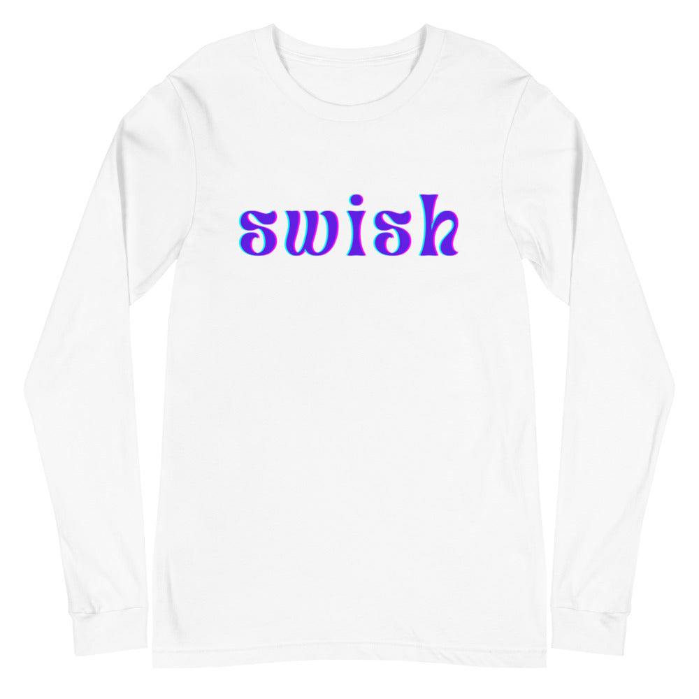Front view of a white long-sleeve shirt with colorful lowercase “swish” lettering