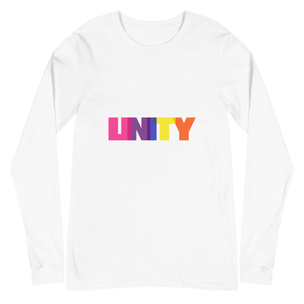 Front view of a white long-sleeve shirt with colorful block letters spelling “UNITY”