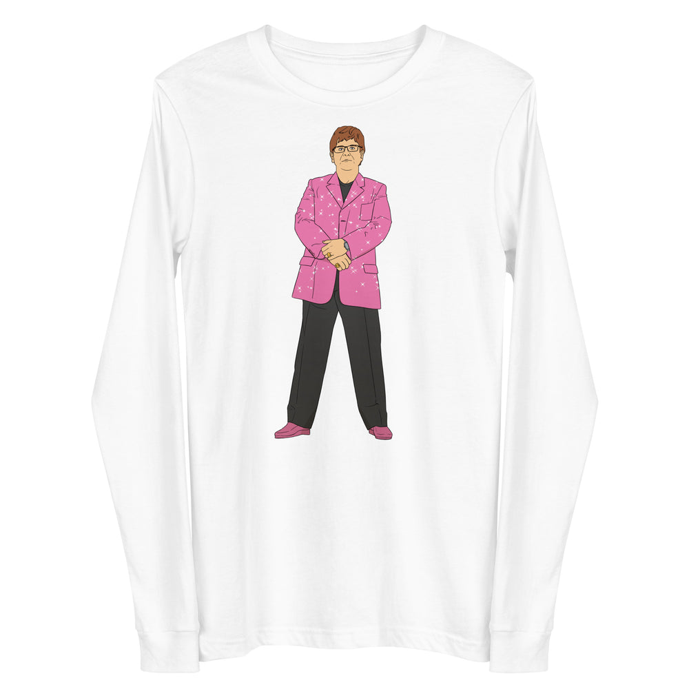 White long-sleeve shirt with a centered cartoon figure in a sparkling pink suit