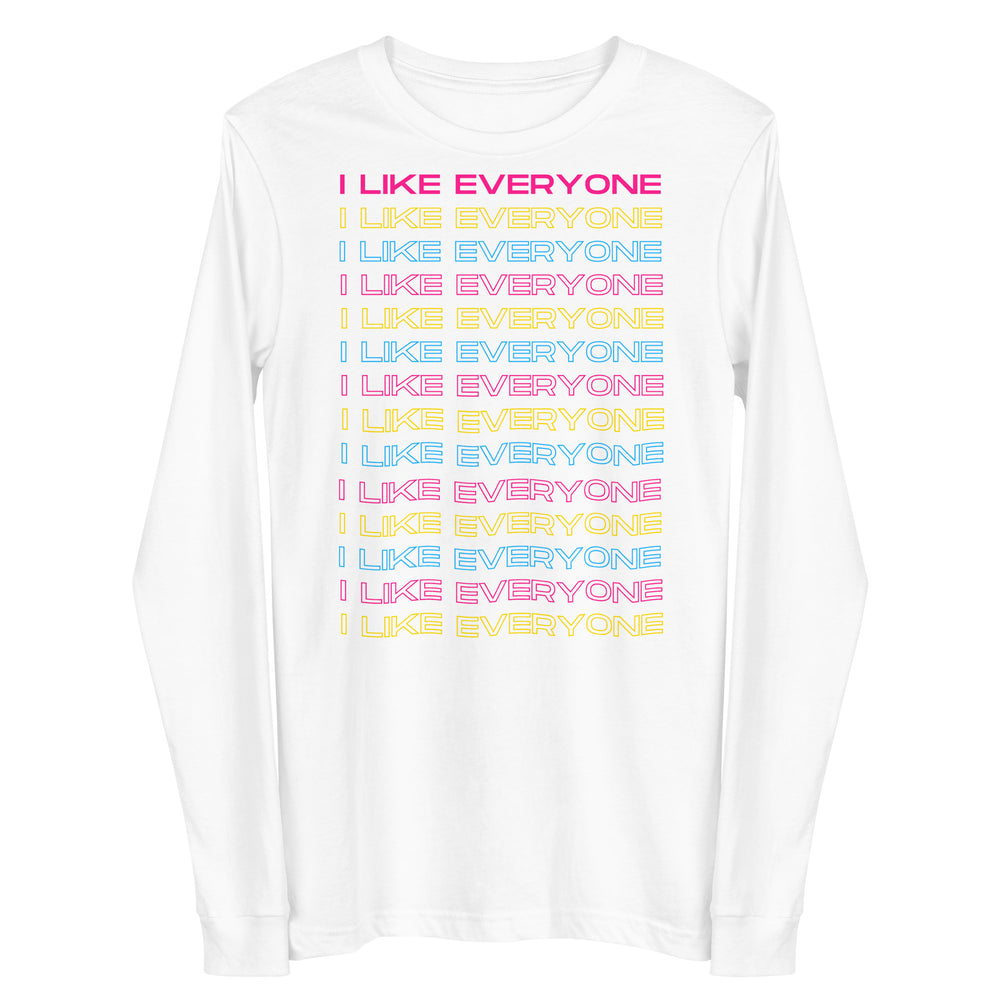 White long-sleeve shirt with repeated “I LIKE EVERYONE” text in pink, yellow, and blue