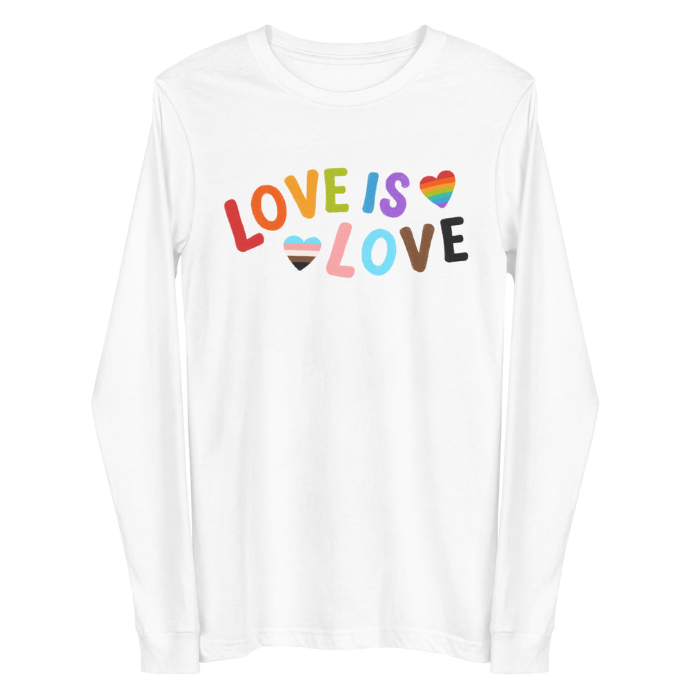 White long-sleeve shirt with colorful “LOVE IS LOVE” lettering and striped hearts