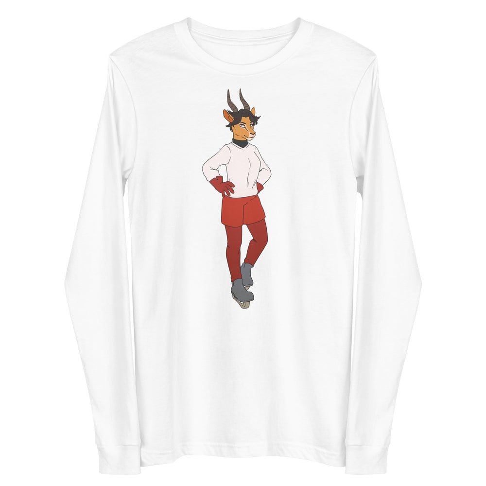 White long-sleeve shirt with a centered cartoon horned figure in red shorts and gloves