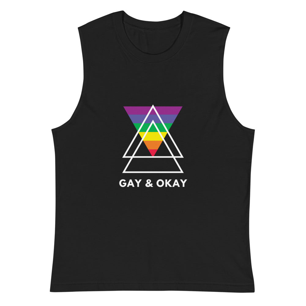 Black muscle tank top with rainbow-striped triangle graphic and “GAY & OKAY” slogan