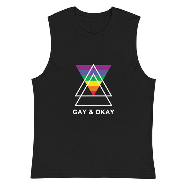 Black muscle tank top with rainbow-striped triangle graphic and “GAY & OKAY” slogan