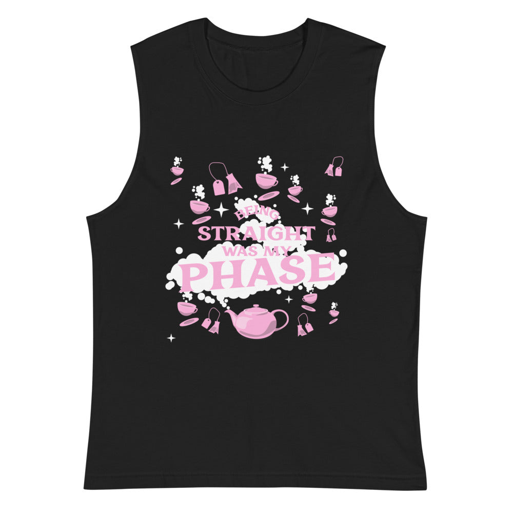 Black muscle tank top with pink tea-party graphic and “Being Straight Was My Phase” text