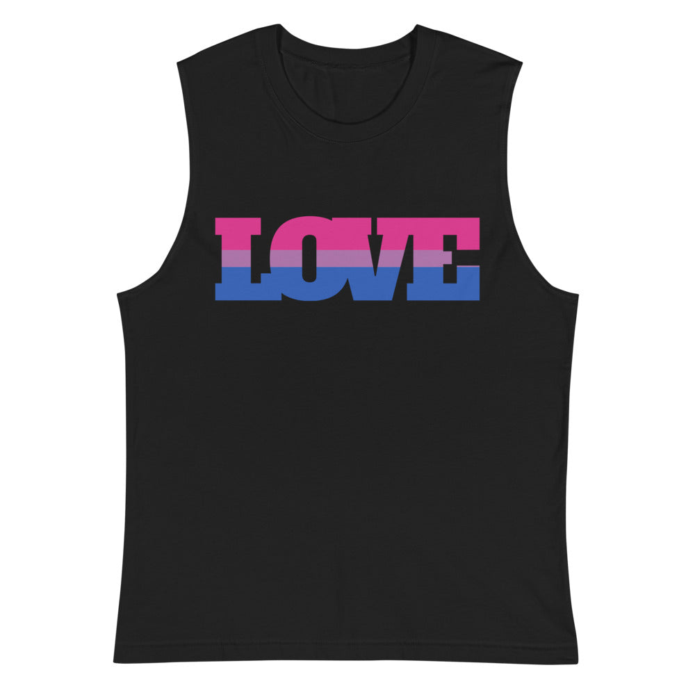 bi merch: Bisexual Love Muscle Top with "LOVE" in bold letters striped pink, purple, blue for bi pride; worn by a person