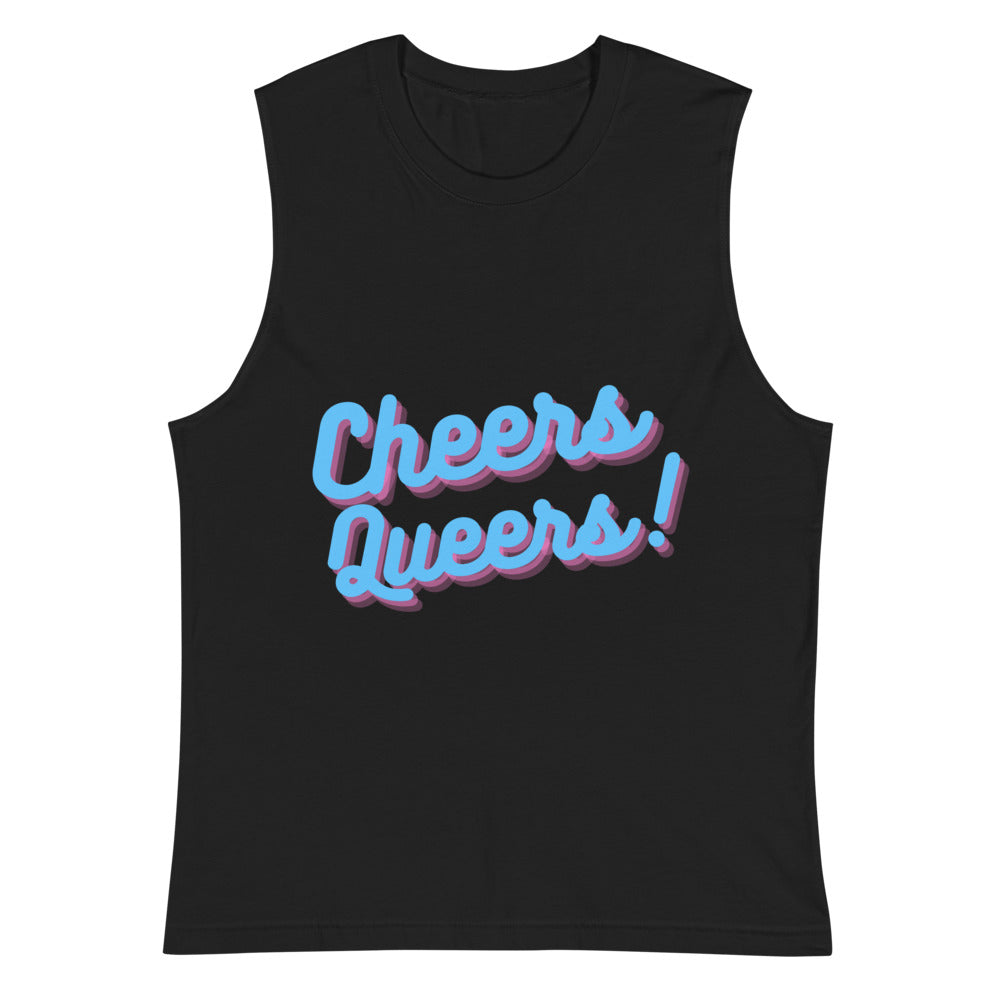 Front view of a black muscle tank top reading “Cheers Queers!” in blue and pink lettering