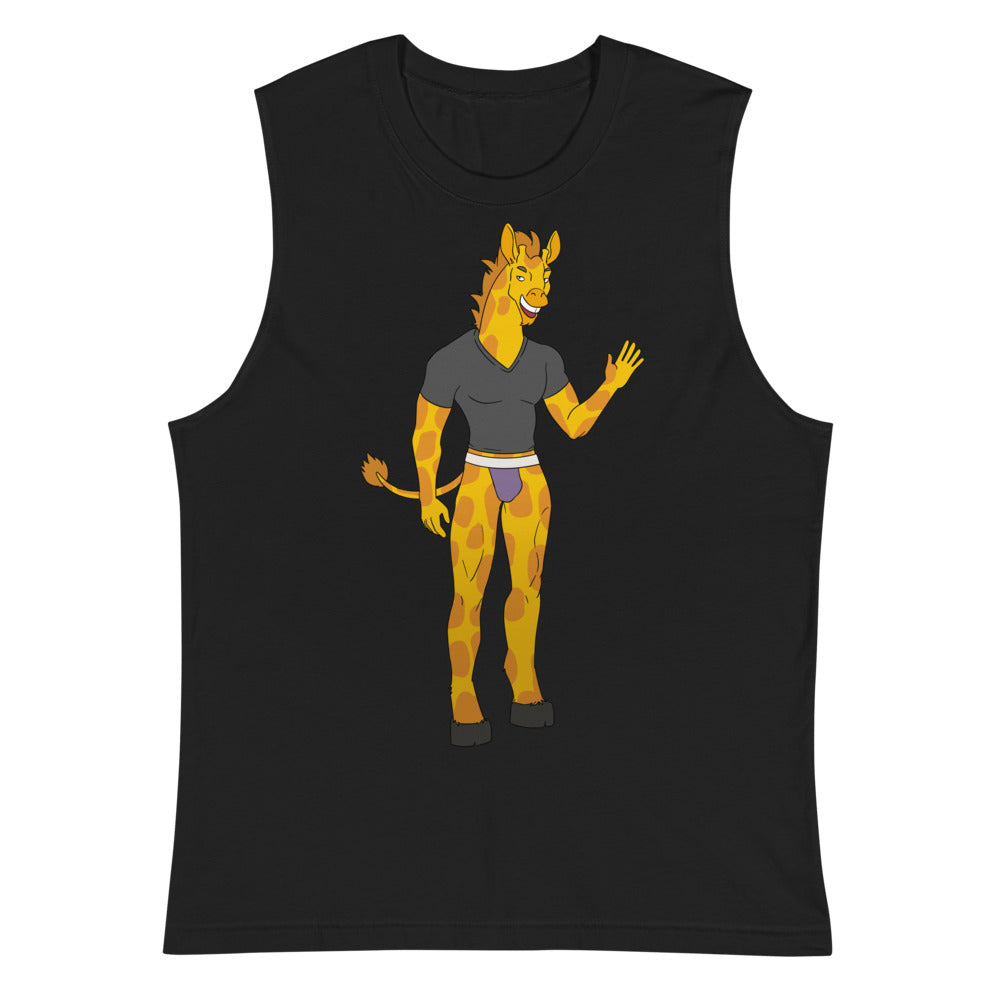 Gay Giraffe Muscle Top with cartoon giraffe, rocked by a smiling man at an outdoor Pride bash with rainbow flags and diverse crowd.