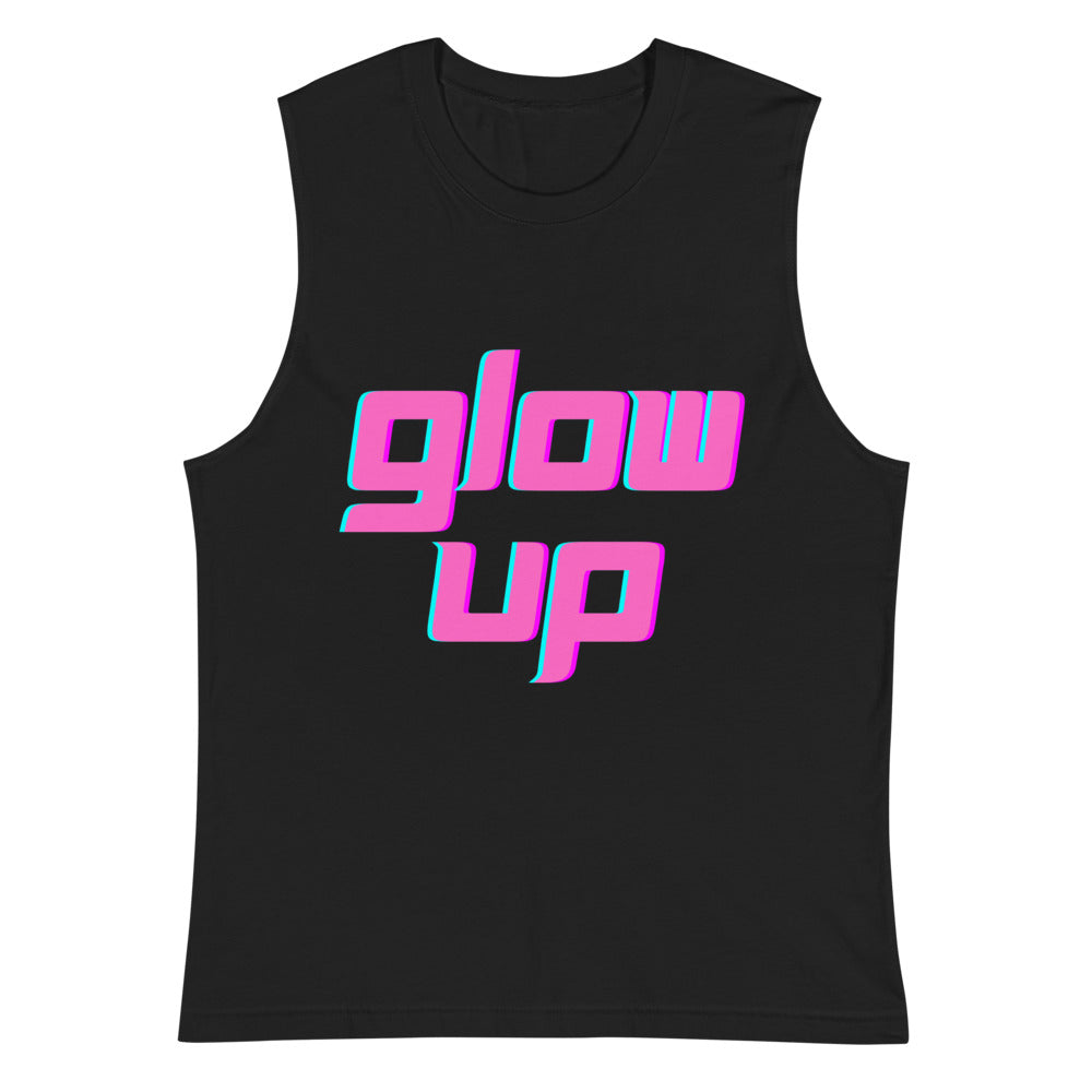 tied up femboys: Glow Up Muscle Top on a smiling person at a queer pride parade