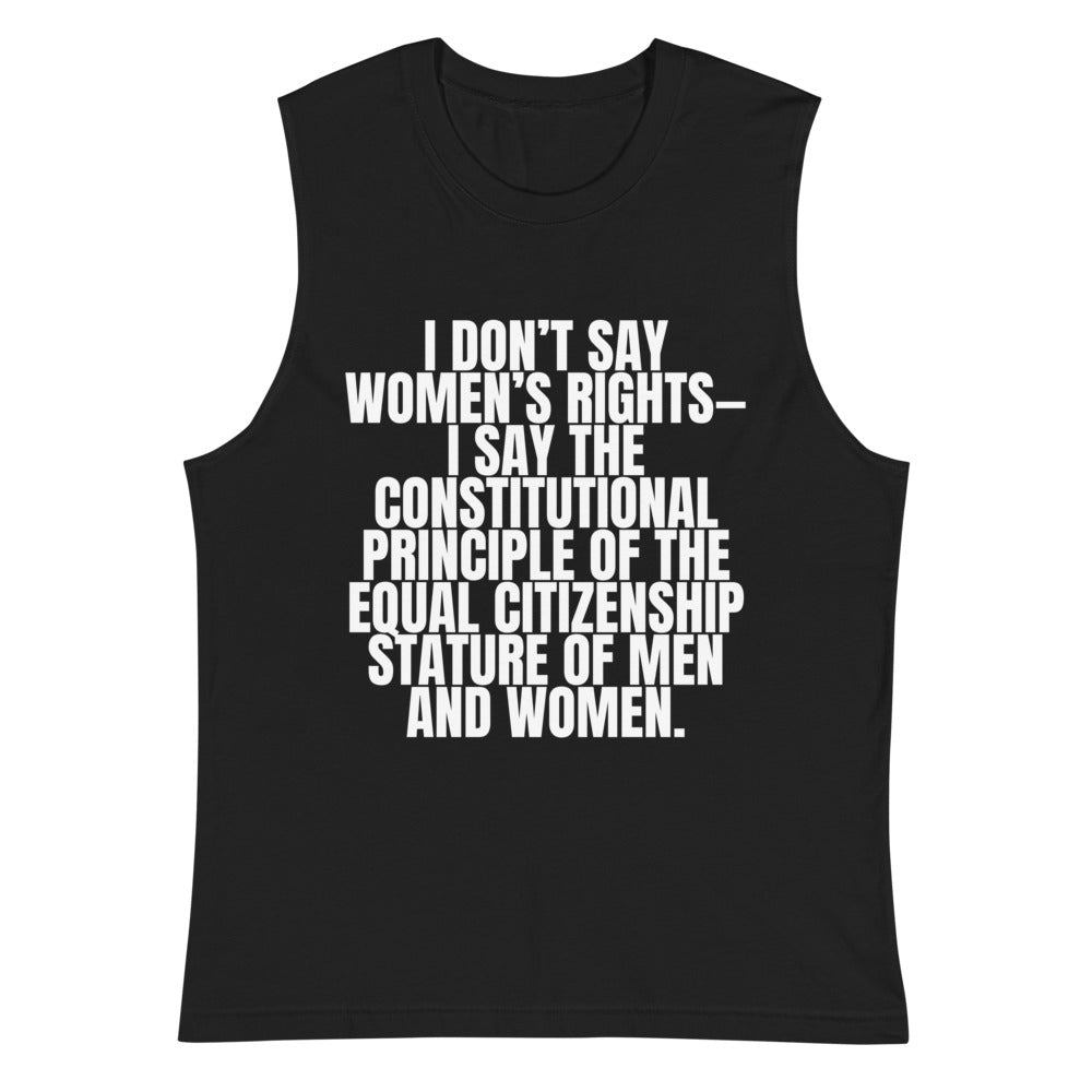 Black sleeveless muscle tank with white text about women's rights and equal citizenship