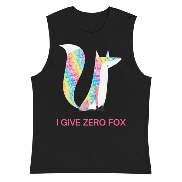 Front view of a black muscle tank with a colorful fox graphic and pink “I GIVE ZERO FOX” text