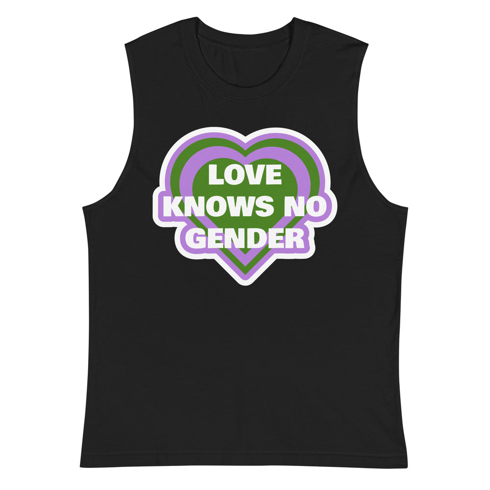 Front view of a black sleeveless shirt with a purple and green heart reading “LOVE KNOWS NO GENDER.”