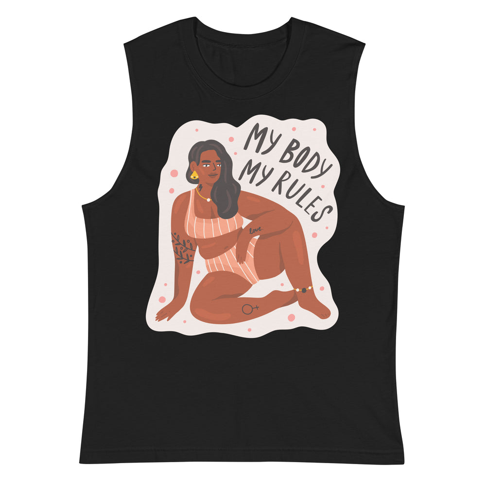 Front view of a black muscle tank top reading “My Body My Rules,” with a seated illustrated woman