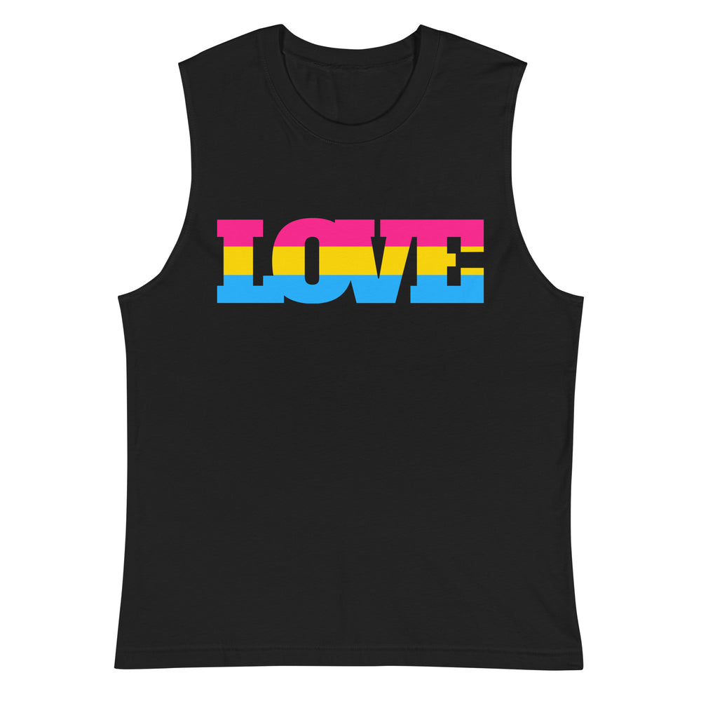 Front view of a black muscle tank top with “LOVE” in pink, yellow, and blue stripes