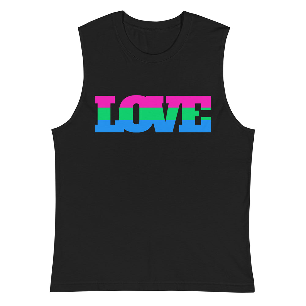 Front view of a black muscle tank top with large pink, green, and blue “LOVE” lettering