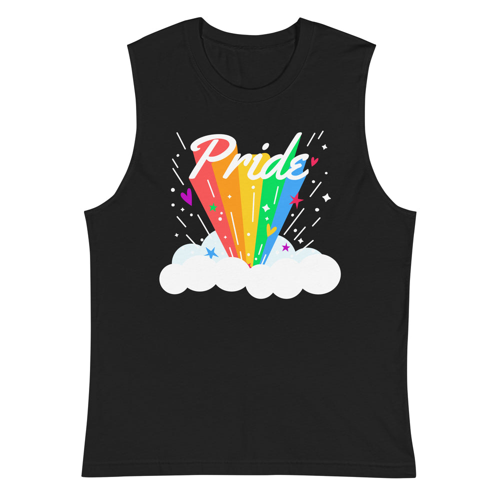 Front view of a black muscle tank top with colorful rainbow rays and “Pride” over white clouds