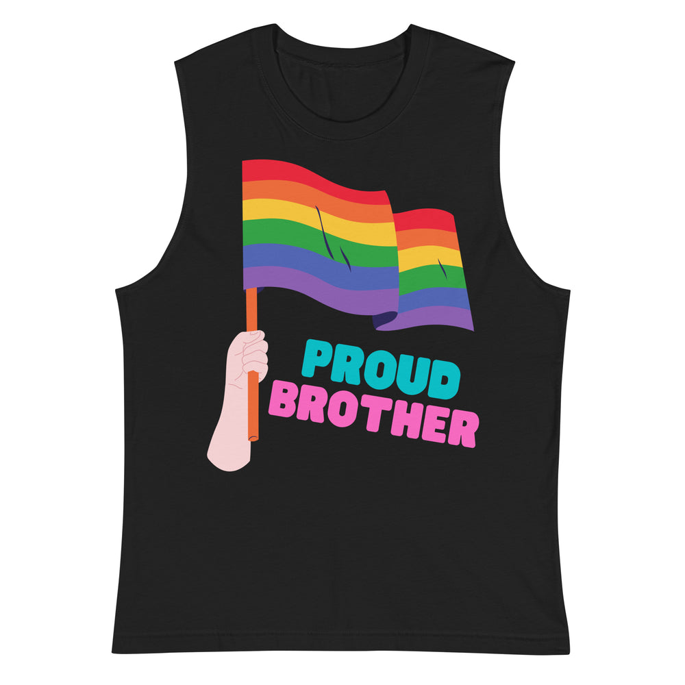 Front view of a black muscle tank top with a rainbow flag and “PROUD BROTHER” graphic
