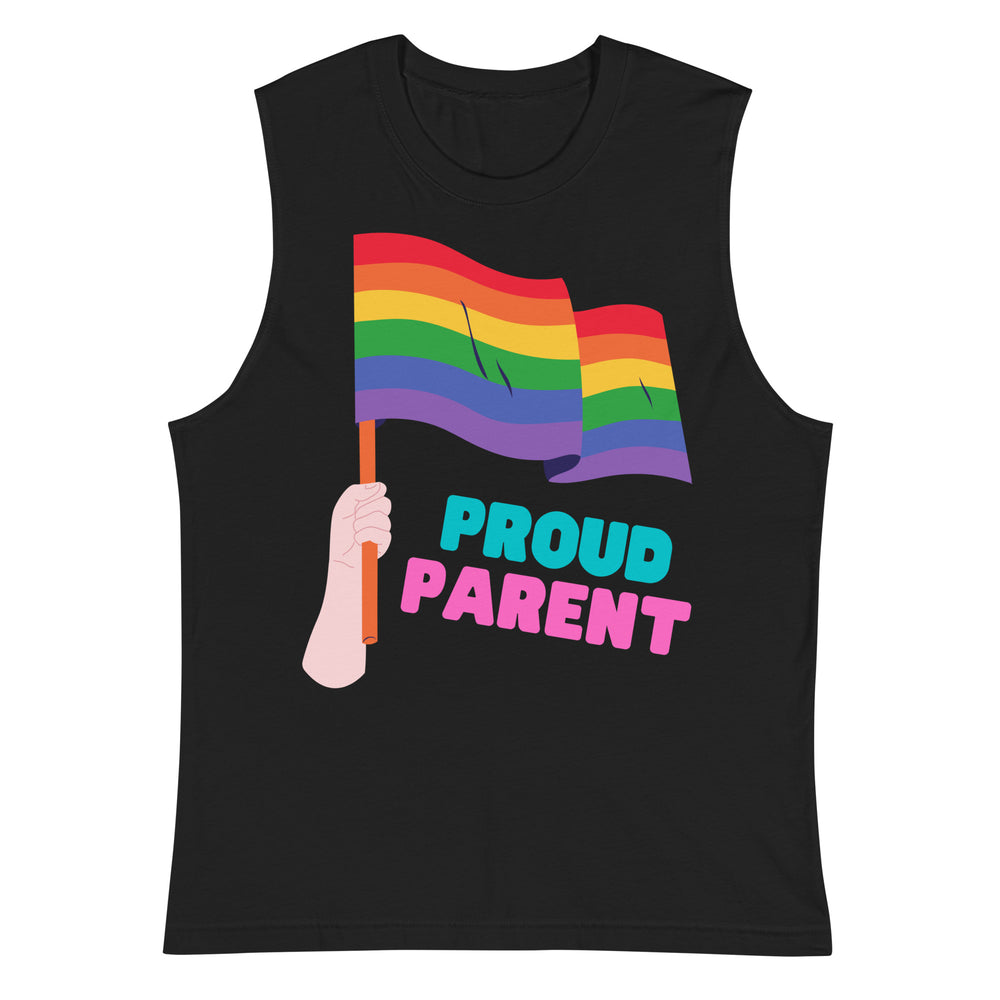 Front view of a black muscle tank top reading “PROUD PARENT” beneath a rainbow flag graphic
