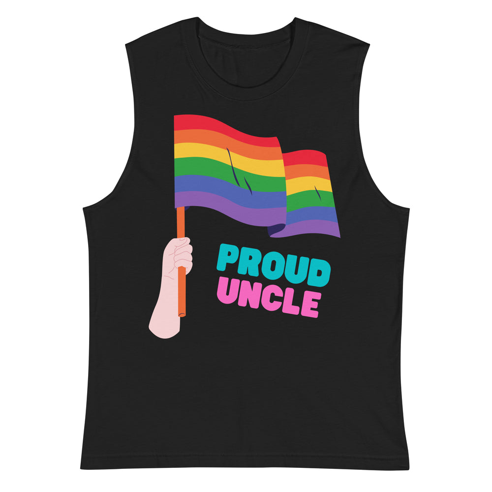 Black sleeveless tank top with a rainbow flag graphic and “PROUD UNCLE” text