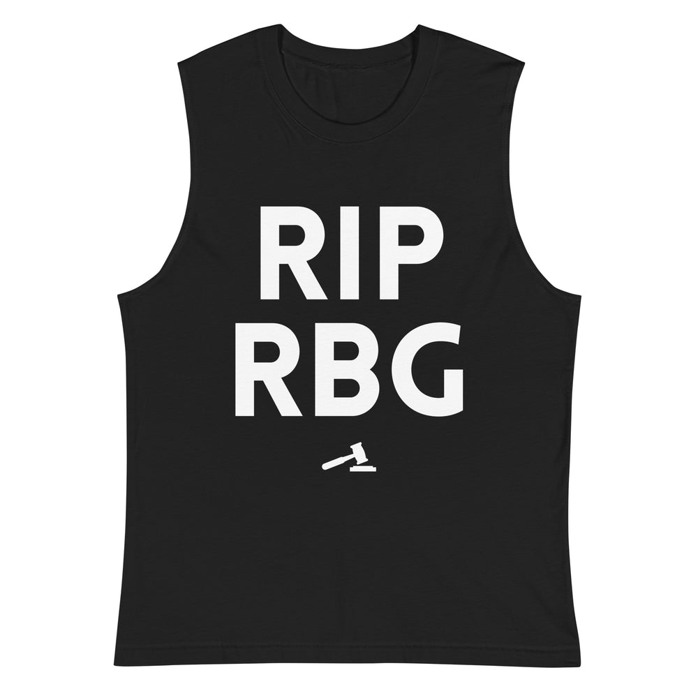 Front view of a black sleeveless muscle top reading “RIP RBG” with a gavel icon