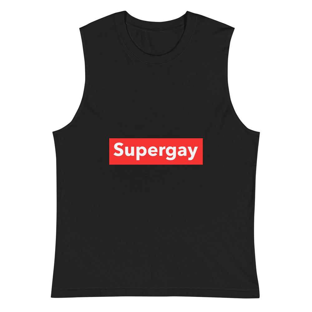 Front view of a black muscle tank top with “Supergay” in white on a red rectangle