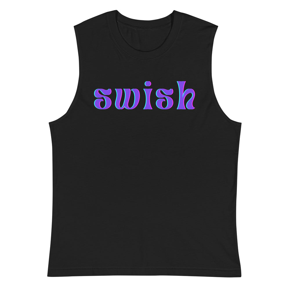 Front view of a black muscle tank top with colorful purple-and-teal “swish” lettering