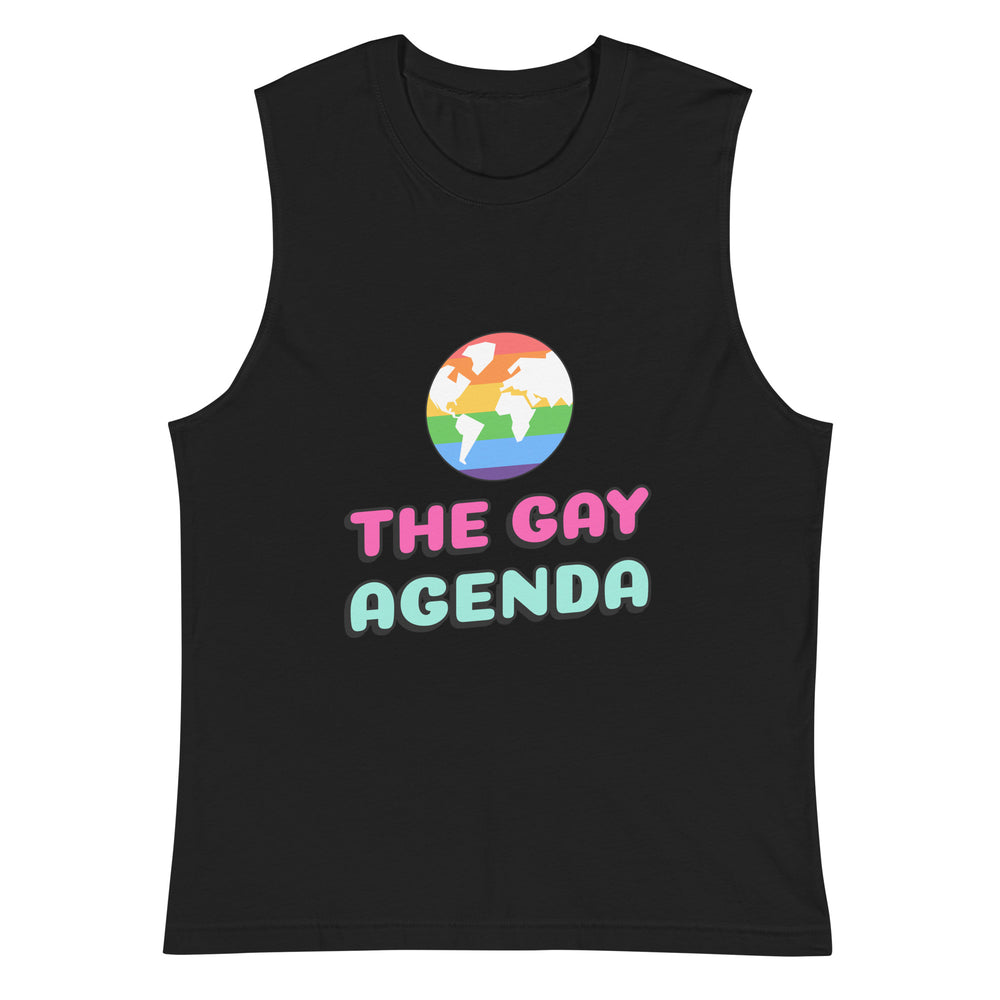 Front view of a black muscle tank top reading “THE GAY AGENDA” with a rainbow globe graphic