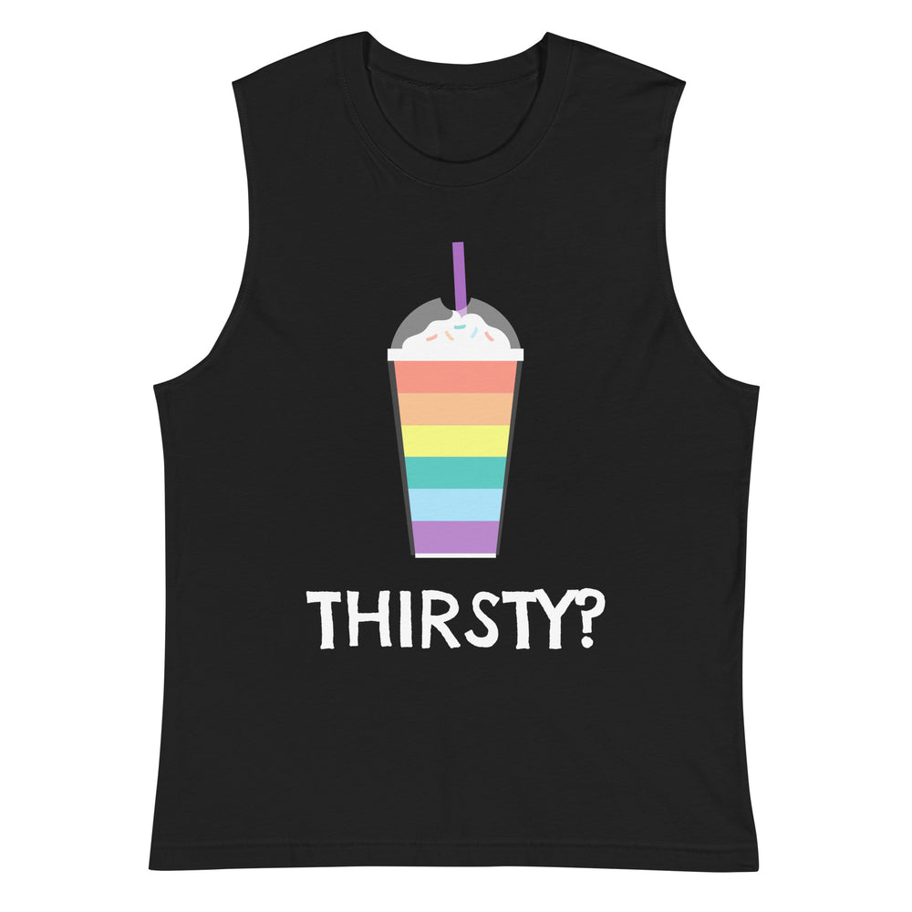 Front view of a black muscle tank top with a rainbow drink graphic and “THIRSTY?” text