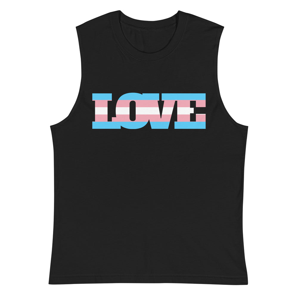 Front view of a black muscle tank top with large “LOVE” lettering in transgender flag colors