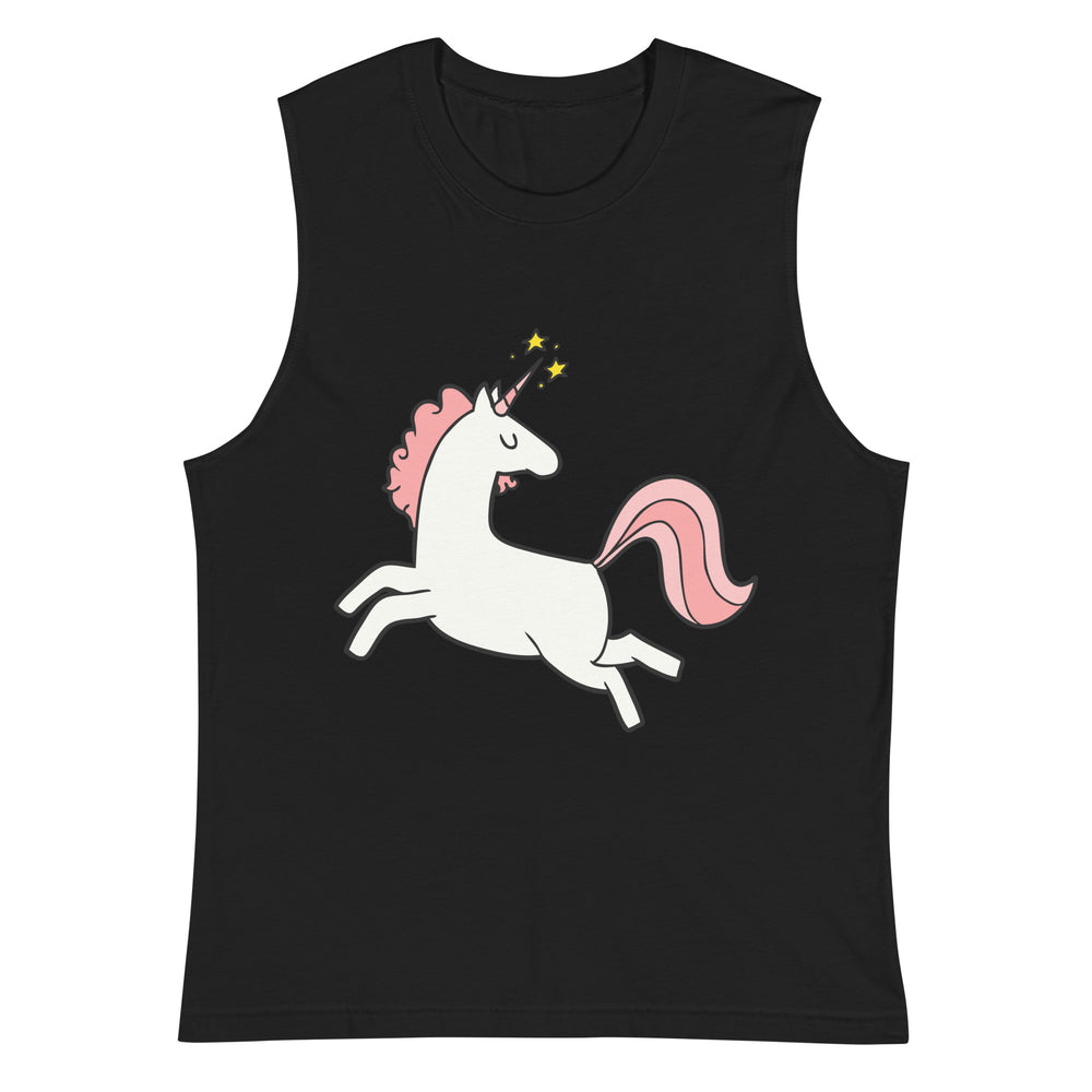 Front view of a black sleeveless muscle top with a white, pink-maned unicorn graphic
