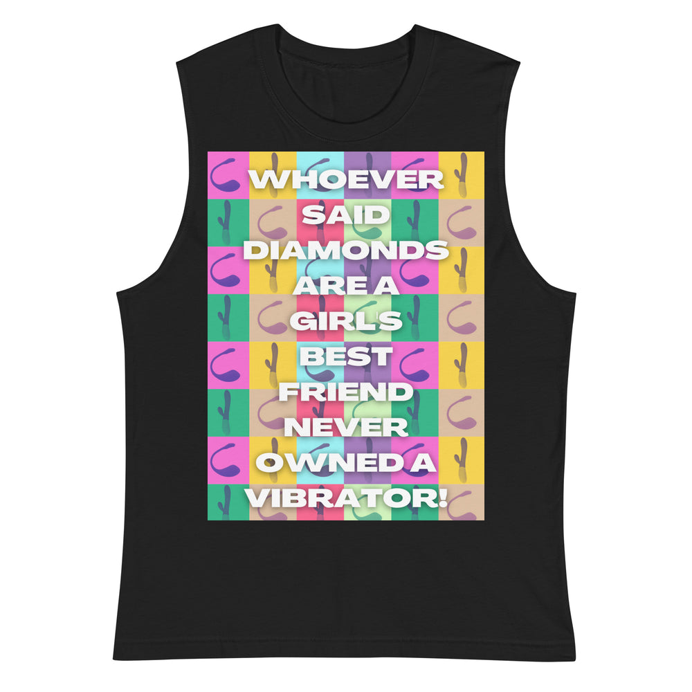 Vibrator Pop Art Muscle Top with bold, colorful text on a confident young man in a sunlit gym, surrounded by weights and machines.