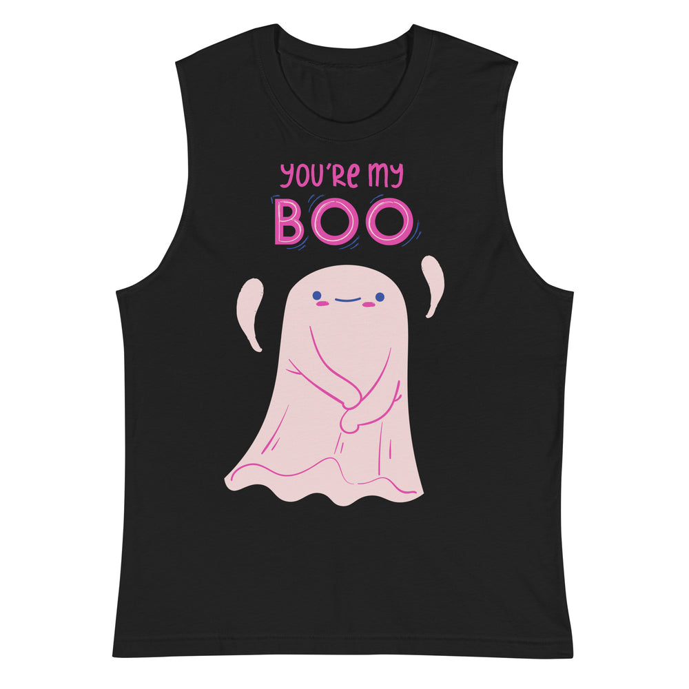 Black muscle tank top reading “YOU’RE MY BOO” above a pink cartoon ghost