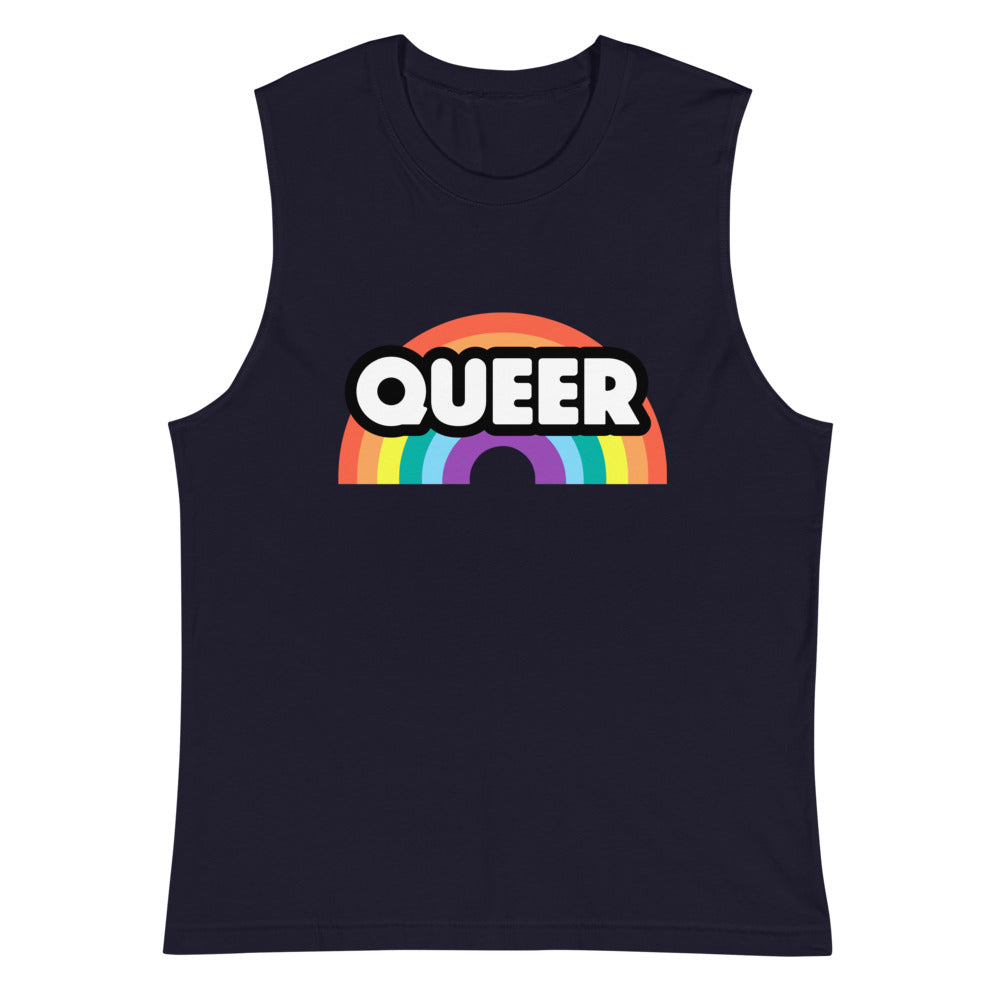 Black queer tank top with a rainbow graphic and the word “QUEER”