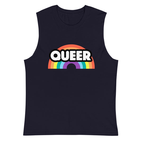 Black queer tank top with a rainbow graphic and the word “QUEER”