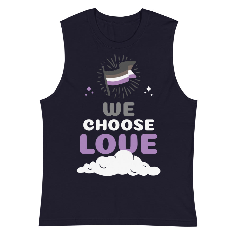 Black muscle tank top with non-binary flag graphic and “WE CHOOSE LOVE” slogan