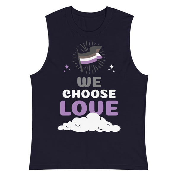 Black muscle tank top with non-binary flag graphic and “WE CHOOSE LOVE” slogan