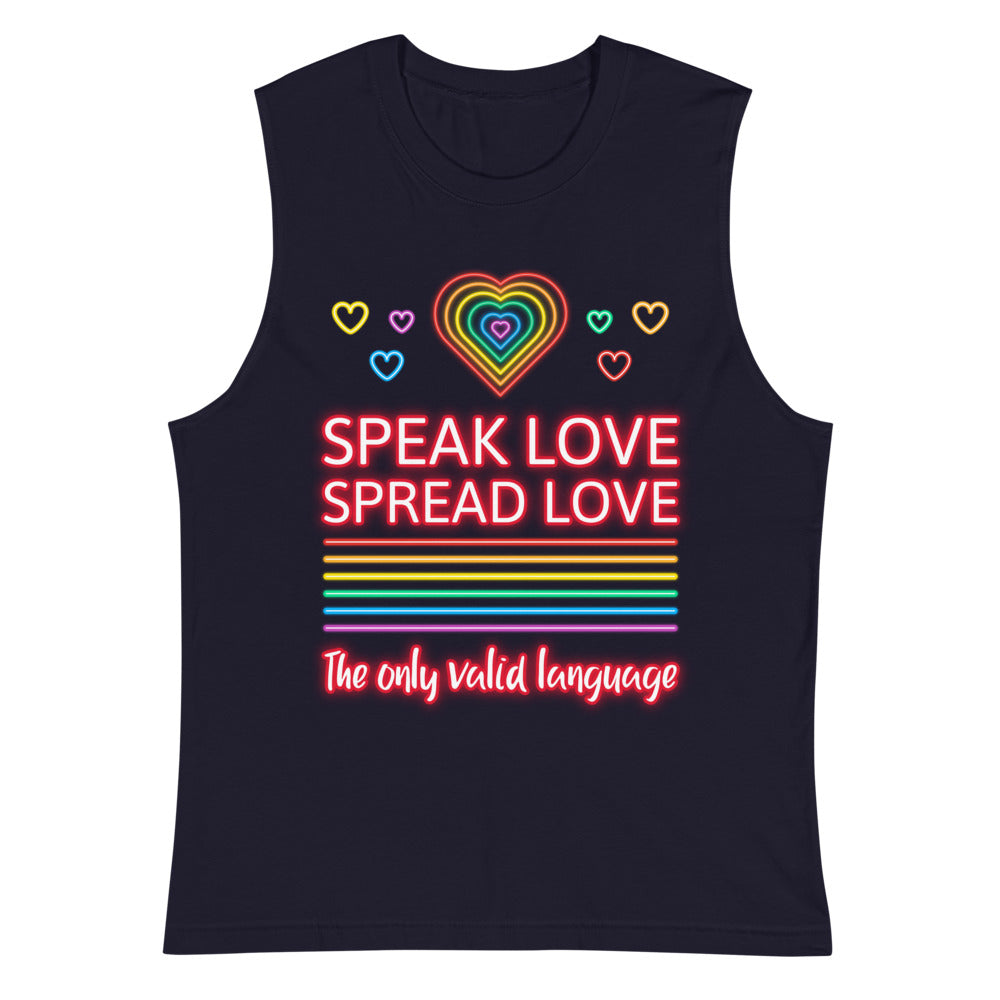 Black muscle tank top with rainbow hearts and “Speak Love Spread Love” neon-style slogan