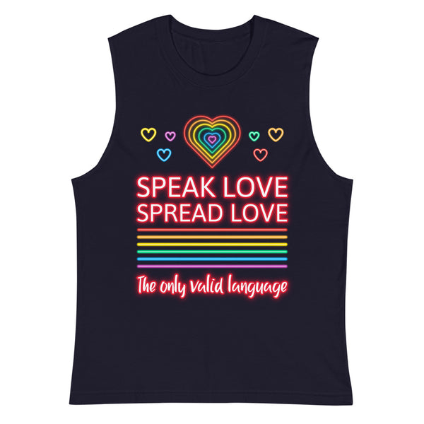 Black muscle tank top with rainbow hearts and “Speak Love Spread Love” neon-style slogan