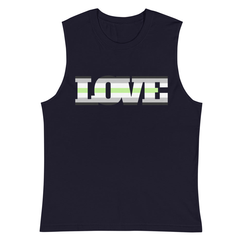Front view of a dark navy sleeveless muscle tank with a striped LOVE graphic